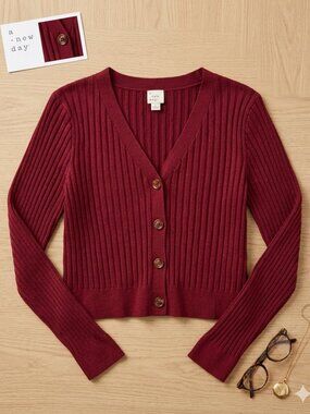 A New Day Ribbed Cropped Cardigan Burgundy Button Front Size Large